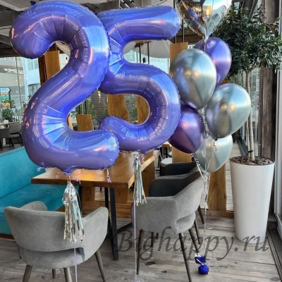 Фольгированные шары-цифры на 25-летие и связка шаров-хром в сиреневых тонах фото