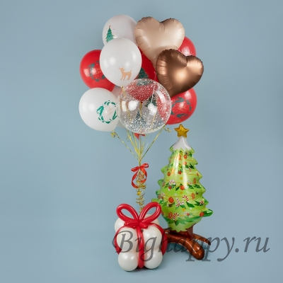 Фонтан из новогодних шариков с елочкой и подарком фото