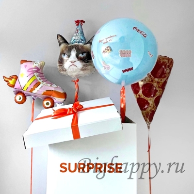 Коробка – сюрприз с воздушными шарами «Грустный кот» фото