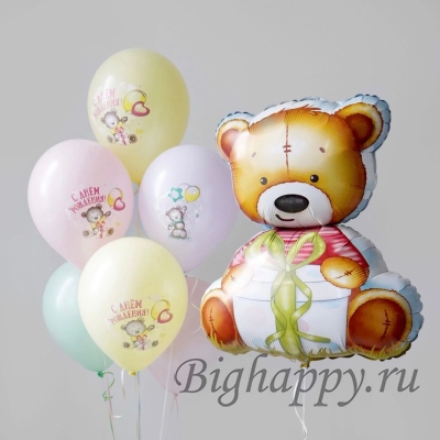 Воздушные шары на день рождения «Мишка с подарком» фото