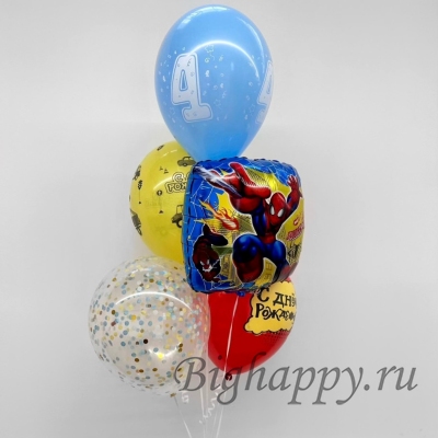 Фонтан из 5 воздушных шаров с гелием «Человек – Паук» фото