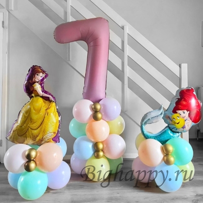 Композиция из воздушных шаров с цифрой «Принцессы Бель и Ариэль» фото