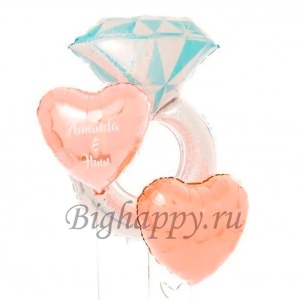 Фольгированный серебристый шар в форме кольца и шары-сердечки и надписью фото