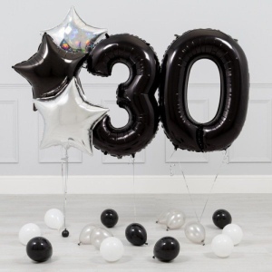 Шары-цифры на 30-летие, 3 шара-звезды и 15 шариков, чёрные фото