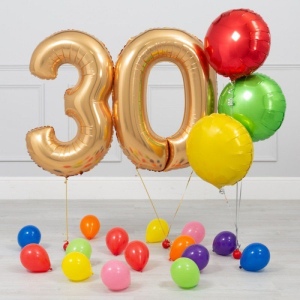 Шары-цифры на 30-летие, 3 круглых шара и 15 латексных, золотые фото