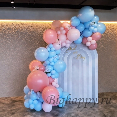Фотозона Девочка или мальчик? из разнокалиберных голубых и розовых шаров