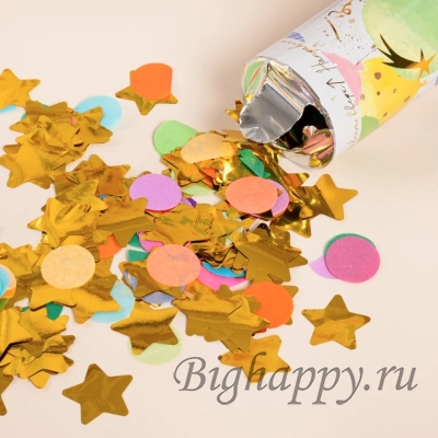 Пневмохлопушка Воздушные шары, звезды из фольги, круги тишью