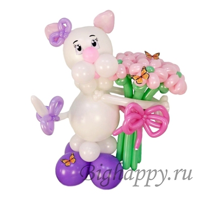 Фигура котика с 9 цветочками из воздушных шаров на стойке