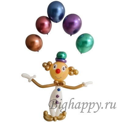 Фигура милого клоуна и 5 шариков хром с гелием