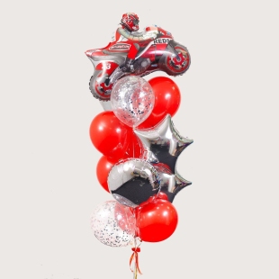 Букет из воздушных шаров с шариками в форме мотоцикла и звёзд фото