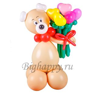 Фигура из шаров &quot;Мишка с букетом из 9-ти цветов-сердечек&quot; фото