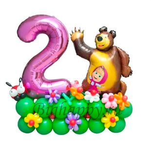 Композиция из воздушных шаров «Маша и Медведь с цифрой 2» фото