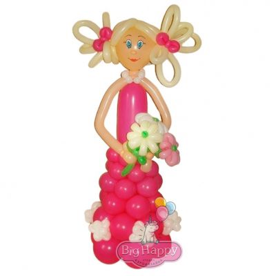 Принцесса в розовом платье из воздушных шаров с букетом цветов 150 см