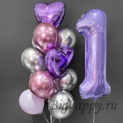 Красивая лиловая композиция с шарами и цифрой 1 фото