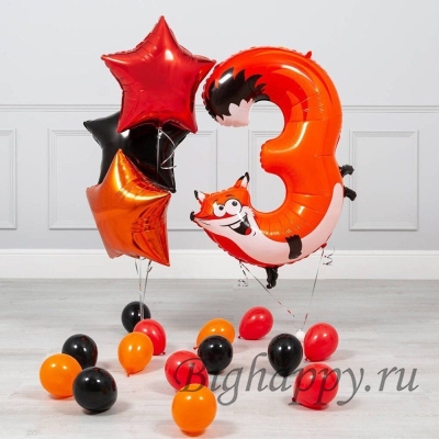 Композиция из шаров на День рождения 3 года с шаром цифрой Лисичка