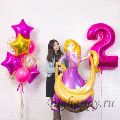 Розовая композиция из шаров с цифрой и Рапунцель фото