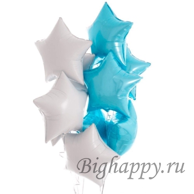 Композиция из белых и голубых шариков в форме звёзд