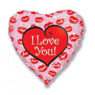 Шар в форме сердца с надписью &quot;I love you&quot; и изображением поцелуйчиков фото
