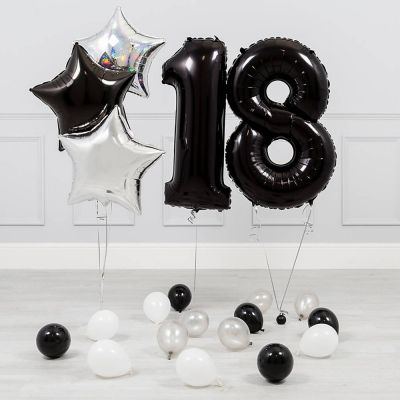 Фольгированные шарыцифры на День рождения 18 лет, 3 шаразвезды и 15 шариков, чёрные