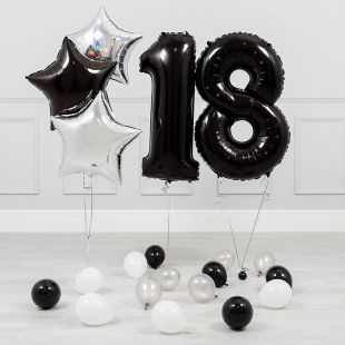 Шары-цифры на 18-летие, 3 шара-звезды и 15 шариков, чёрные фото