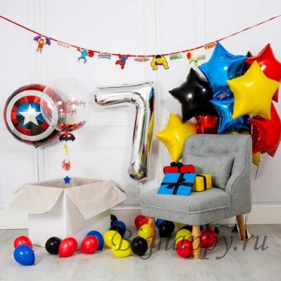 Композиция из шаров &quot;Щит Капитана Америки, звёзды и шар-цифра&quot; фото