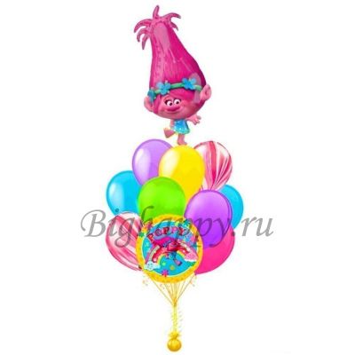 Композиция из 10 воздушных шаров с шаром принцессы Розочки Тролли