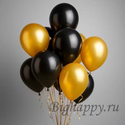Букет из 11 золотых металлик и черных шаров фото