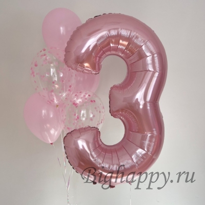 Фольгированная шарцифра 3 и связка нежных розовых шаров и с конфетти