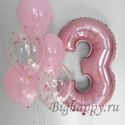 Фольгированная шар-цифра 3 и связка нежных розовых шаров и с конфетти фото