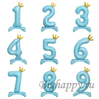 Голубые цифры от &quot;0&quot; до &quot;9&quot; с золотой короной на подставках фото