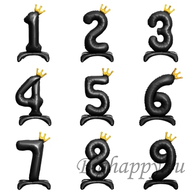 Шар-цифра от &quot;0&quot; до &quot;9&quot;черная с золотой короной на подставке фото
