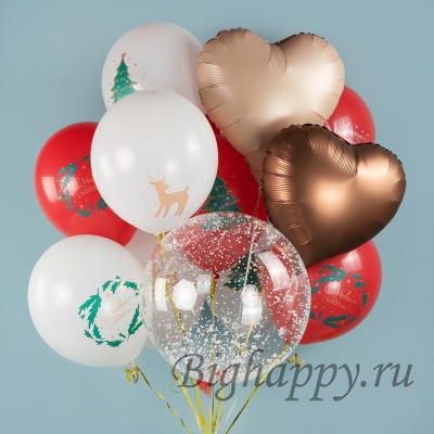 Фонтан из новогодних шариков с елочкой и подарком