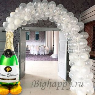 Белые шары на свадьбу - композиция из свадебных шаров &quot;Арка и бутылка Шампанского&quot; фото