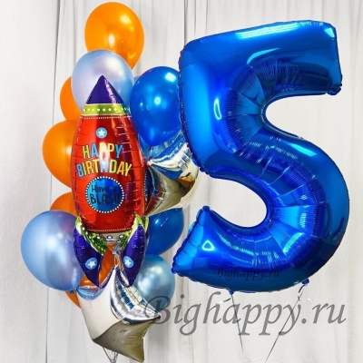 Композиция из фольгированных воздушных шаров с цифрой Праздничная ракета на День рождения