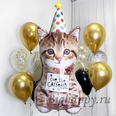 Композиция из шаров с фольгированной фигурой Весёлый котик на День рождения