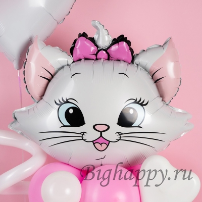 Белая кошечка Мария с розовым бантом, 58 см