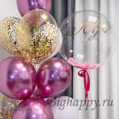 Композиция из воздушных шаров с перьями и конфетти С любовью