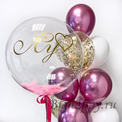 Шар Bubble c розовыми перьями и индивидуальной надписью