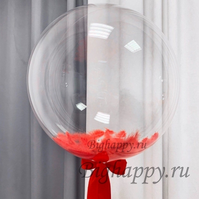 Прозрачный шар Bubbles c красными перьями и бантом