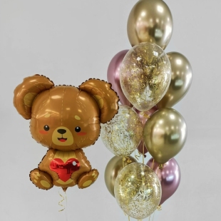 Фонтан из шаров "Мишка с сердцем, золото и хром" фото