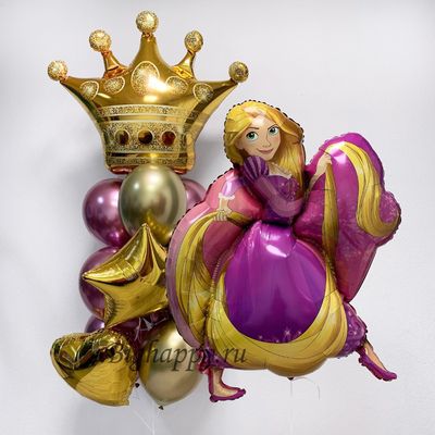 Композиция из воздушных шаров с принцессой Рапунцель и корона