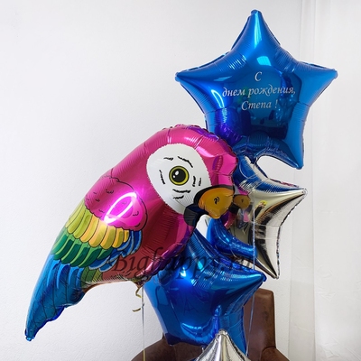 Фонтан из воздушных шаров и шарфигура Попугай