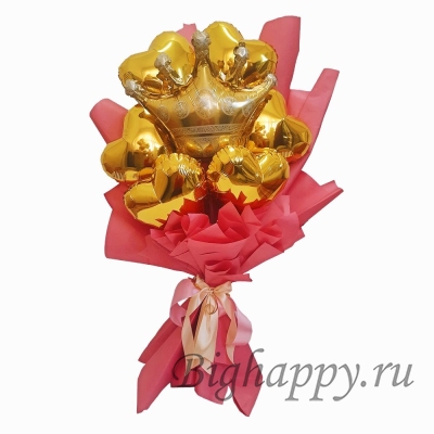 Букет из мини-шаров с золотыми сердцами и короной фото