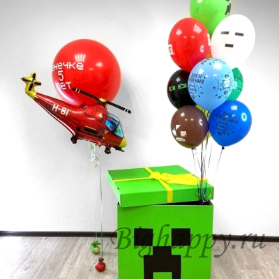Коробка-сюрприз с шарами в стиле Майнкрафт фото