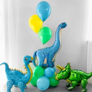 Композиция из шаров с фольгированными динозаврами фото