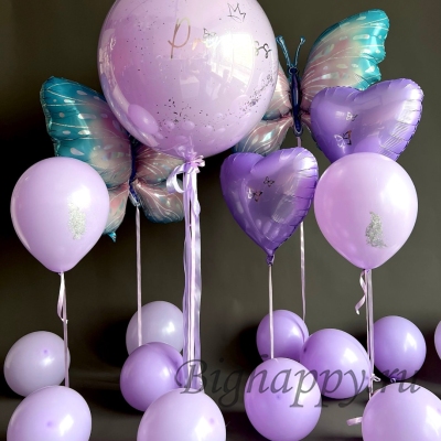 Лиловая композиция из шаров с фольгированными бабочками фото