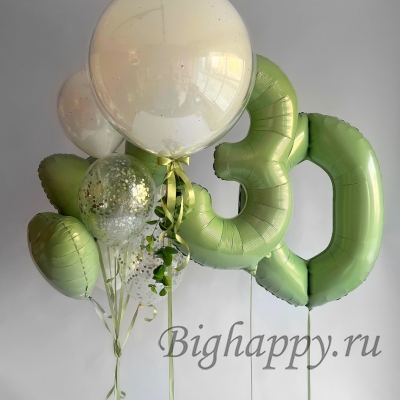 Композиция из светло – зелёных и молочных шаров на юбилей фото