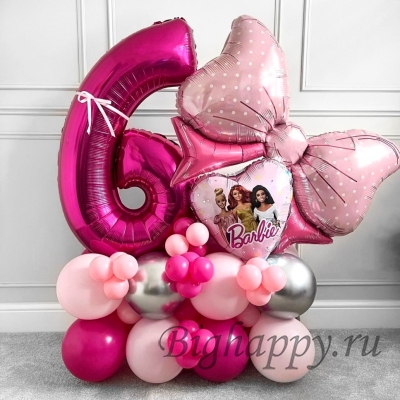 Воздушные шары на день рождения Барби с цифрой и бантом