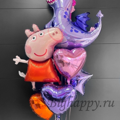 Фонтан из фольгированных воздушных шаров «Свинка Пеппа и дракон» фото