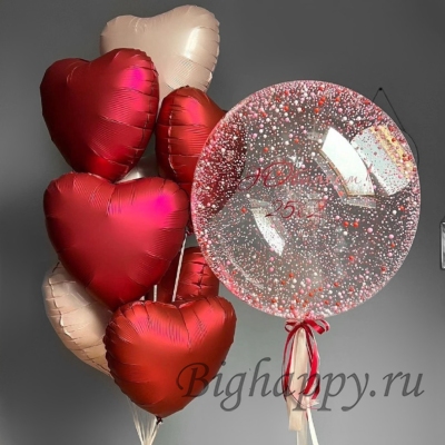 Фонтан из фольгированных сердец и шар Bubbles фото